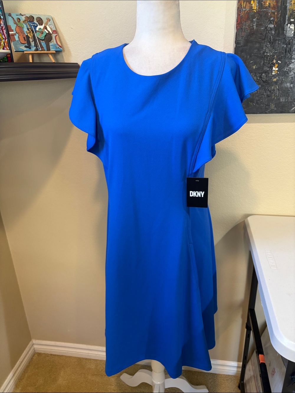 DKNY Cobalt Blue Flutter-Sleeve Midi Dress with Pockets-Size 10